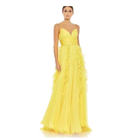 NWT Mac Duggal 49533 Yellow Pleated Spaghetti Strap‎ Chiffon Ruffle Gown Sz 20 - Picture 1 of 7